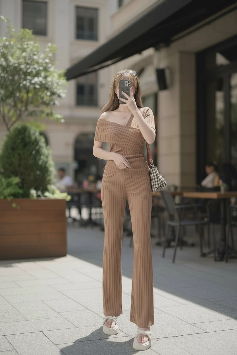 Aiza Terno Coords Asymmetrical Shoulder Fit Medium to 2XL Spandex Cotton Knitted Fabric Casual Basic