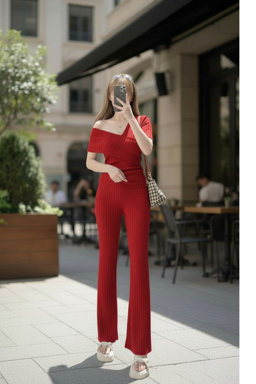 Aiza Terno Coords Asymmetrical Shoulder Fit Medium to 2XL Spandex Cotton Knitted Fabric Casual Basic