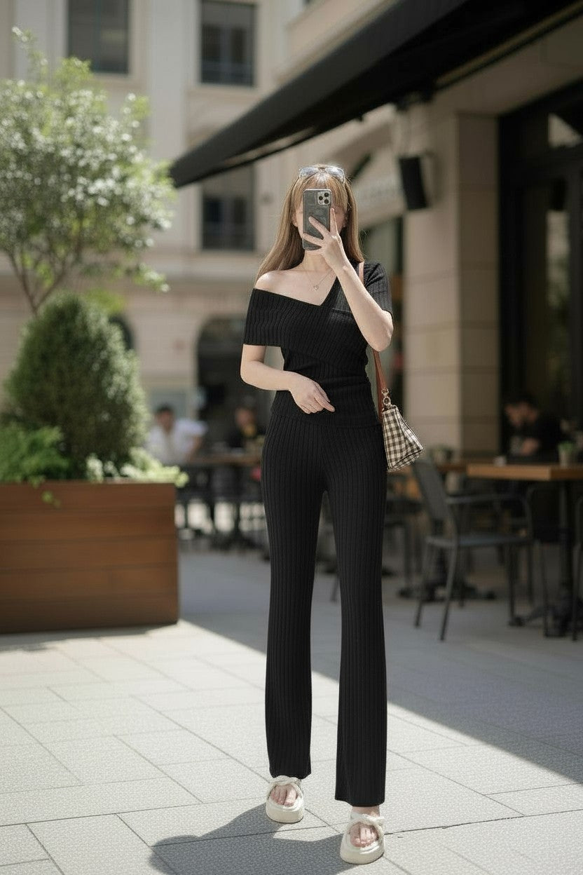 Aiza Terno Coords Asymmetrical Shoulder Fit Medium to 2XL Spandex Cotton Knitted Fabric Casual Basic