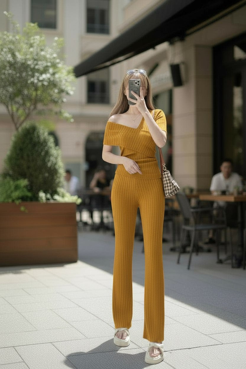 Aiza Terno Coords Asymmetrical Shoulder Fit Medium to 2XL Spandex Cotton Knitted Fabric Casual Basic