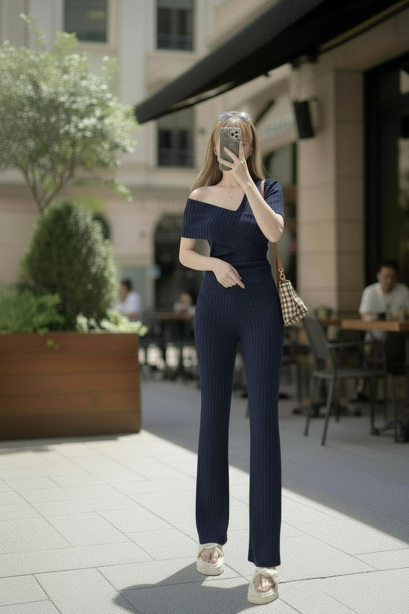 Aiza Terno Coords Asymmetrical Shoulder Fit Medium to 2XL Spandex Cotton Knitted Fabric Casual Basic